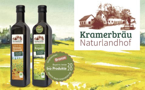Arbeitsbeispiel für Corporate Design: Kramerbräu Naturlandhof Etiketten Bio Speiseöle