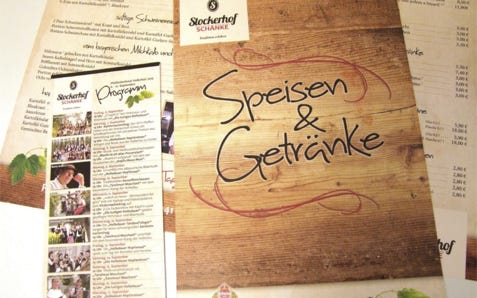 Stockerhof Schänke, Speisenkarte, Getränkekarte, Flyer Veranstaltungsprogramm Volksfest